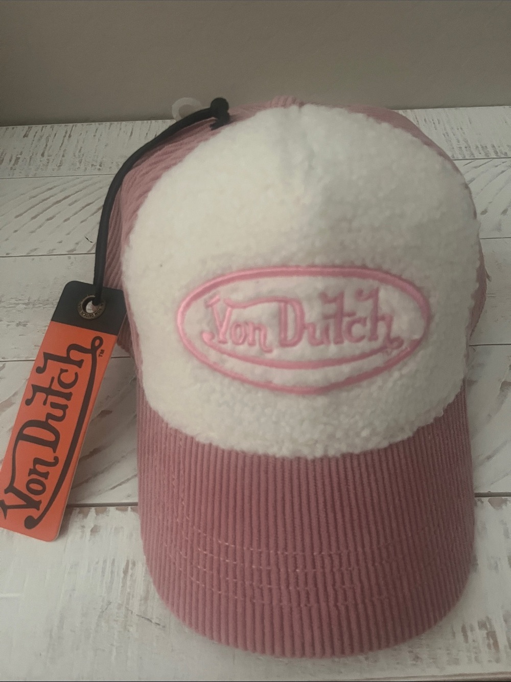 Von Dutch Pink and White Sherpa Logo Cap